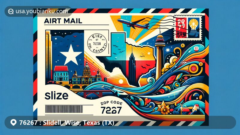 Modern illustration of Slidell, Wise County, Texas, featuring Texas state flag, Wise County outline, and symbolic representation of Slidell, combined with stamps and postmarks showcasing ZIP code 76267.