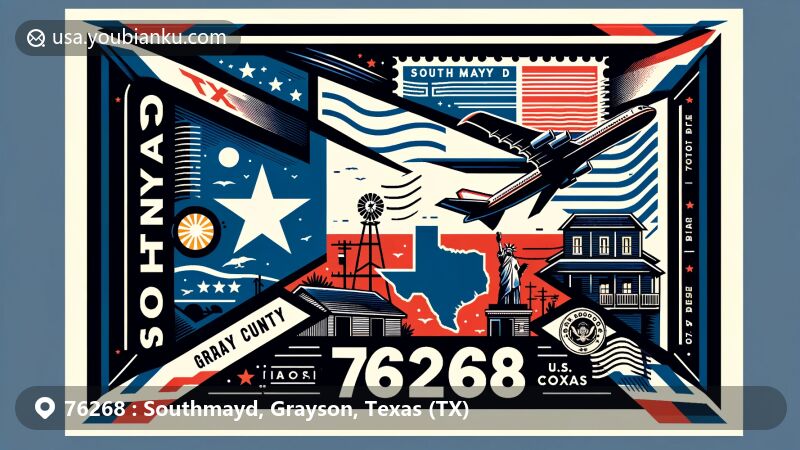Modern illustration of Southmayd, Grayson County, Texas, inspired by ZIP Code 76268, featuring Texas state flag, Grayson County outline, and local landmark. Styled as a airmail envelope with postmark, stamp, and ZIP Code.