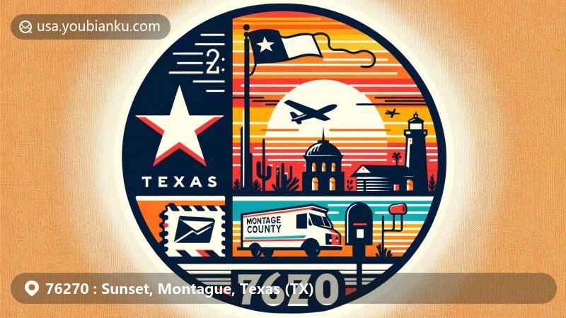 Modern illustration of Sunset, Montague County, Texas, featuring Texas state flag, Montague County outline, postal-themed elements, and a central airmail envelope with ZIP code 76270.