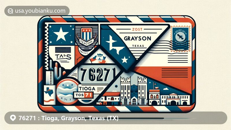 Modern illustration of Tioga, Grayson County, Texas, featuring a creatively designed envelope with airmail motif, showcasing Texas state flag, Grayson County outline, and iconic Tioga landmark, with stamp, postmark, and ZIP code 76271.