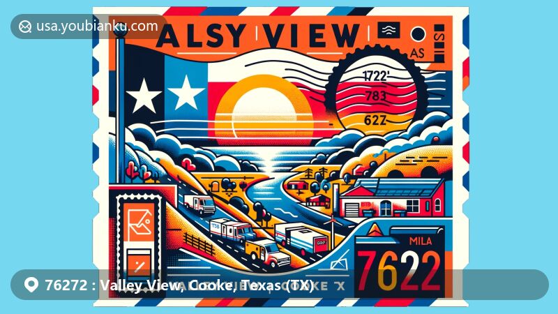 Creative illustration of Valley View, Cooke County, Texas, depicting iconic landmarks and postal elements for ZIP code 76272, with vibrant colors and accurate details.