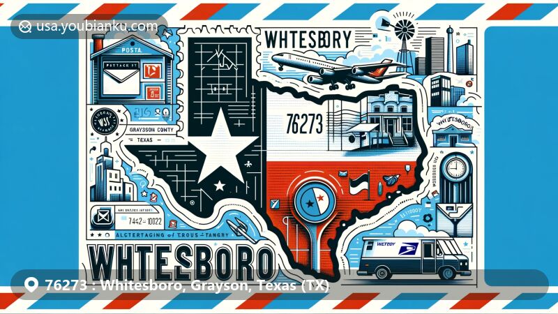 Modern illustration of Whitesboro, Grayson County, Texas, highlighting postal theme with ZIP code 76273, featuring Texas state flag and local cultural landmarks.