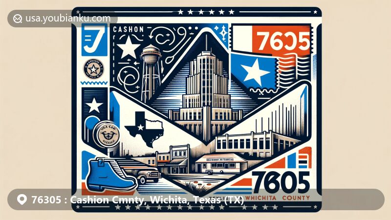 Modern illustration of Cashion Community, Wichita County, Texas, showcasing airmail envelope with ZIP code 76305 and Texas state flag, featuring key landmarks and symbols of Wichita County.