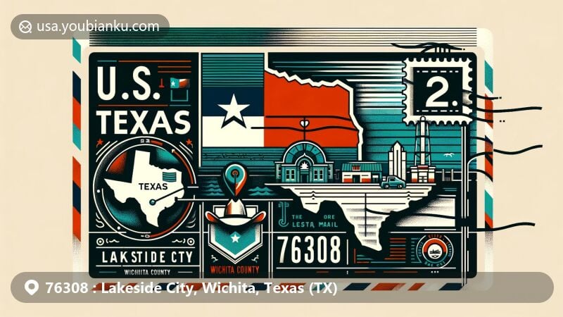 Modern illustration of Lakeside City, Wichita County, Texas (TX), showcasing postal theme with ZIP code 76308, featuring stylized Texas map, state symbols, and iconic postal elements.