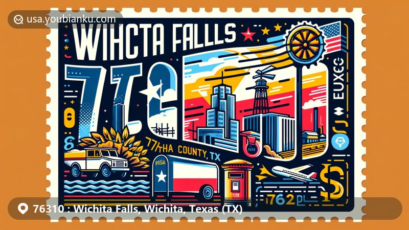 Modern illustration of Wichita Falls, Wichita County, Texas, showcasing postal theme with ZIP code 76310, featuring city landmarks, Texas state symbols, postcard design, and vibrant colors.