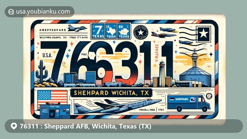 Modern illustration of Sheppard AFB, Wichita, Texas, ZIP Code 76311, blending Texas and Wichita elements with postal themes, featuring state flag, Wichita County map, local landmark, airmail envelope, stamps, postmark '76311,' mailbox, and postal van.