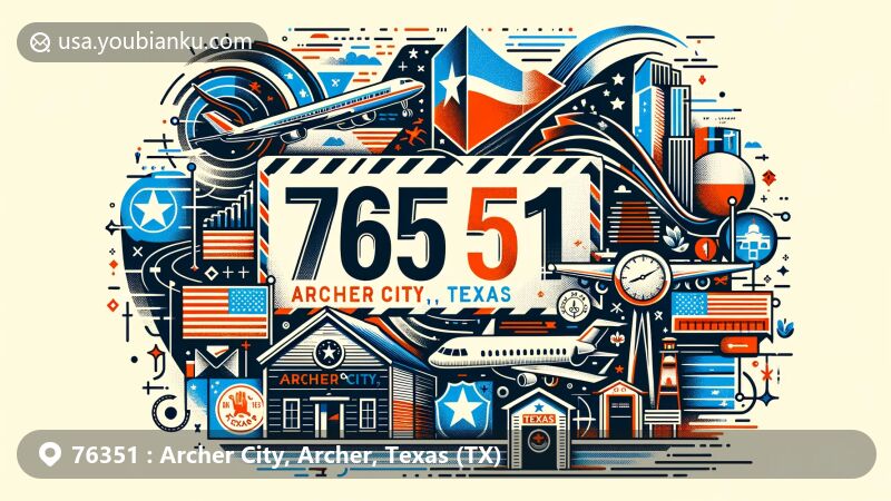 Modern illustration of Archer City, Archer, Texas (TX), featuring airmail envelope with ZIP code 76351 and elements of Texas flag, showcasing cultural symbols and landmarks of the area.