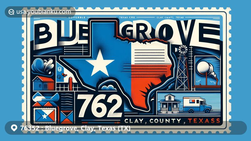 Modern illustration of Bluegrove, Clay County, Texas, showcasing Texas state flag, Clay County map, postal theme with vintage postcard border, featuring ZIP code 76352 and iconic Bluegrove landmark.