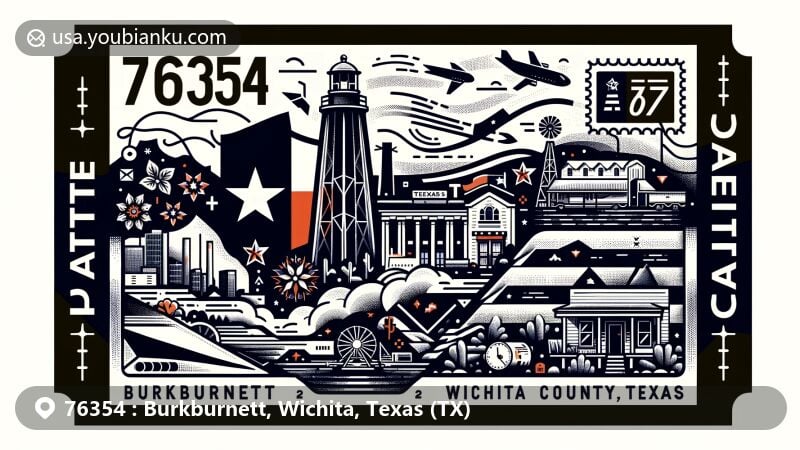 Modern illustration of Burkburnett, Wichita County, Texas (TX), representing ZIP code 76354 with postal theme including Texas state flag, Wichita County outline, and prominent local landmark.