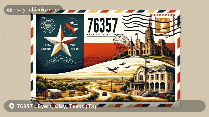 Modern illustration of Byers, Clay County, Texas, resembling a vintage airmail envelope with Texas state flag on the left, showcasing Byers landmarks, and featuring ZIP code 76357.