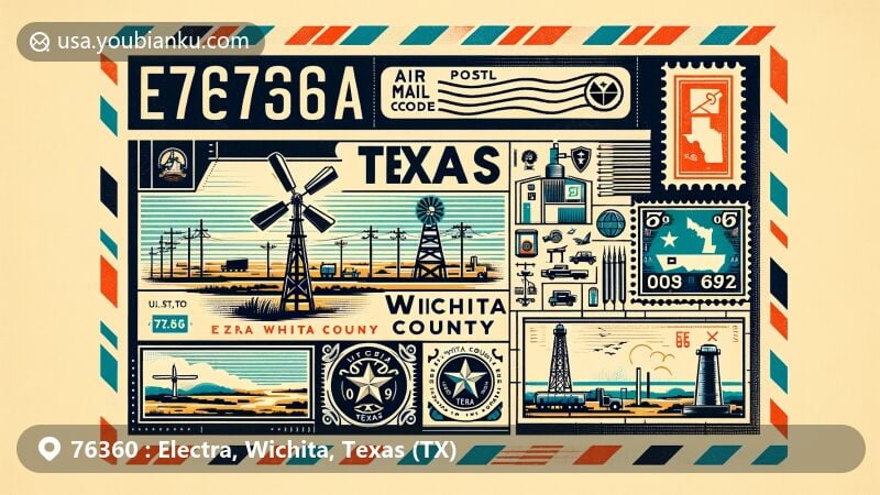 Modern illustration of Electra, Wichita County, Texas, featuring postal code 76360, showcasing city symbols, windmill, county map, state flag, oil derrick, and vintage postage stamp.