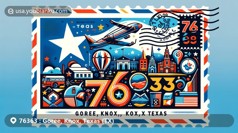 Modern illustration of Goree, Knox County, Texas, inspired by postal elements and local cultural symbols, featuring the Texas state flag and ZIP code 76363.