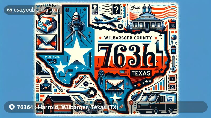 Modern illustration of Harrold, Wilbarger County, Texas, showcasing postal theme with ZIP code 76364, featuring Texas state flag and county landmarks.