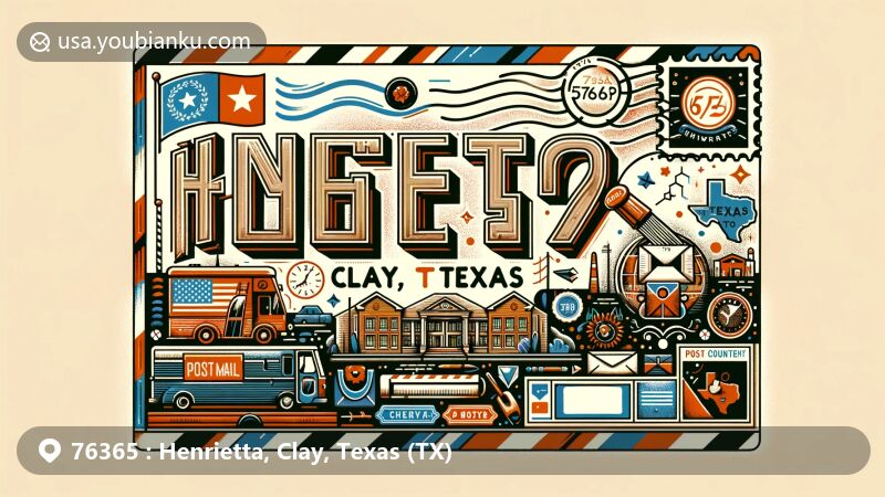 Modern illustration of Henrietta, Clay County, Texas, highlighting ZIP code 76365 with iconic symbols of the city and the state. Includes architectural landmarks, Texas state flag, and Clay County map outline.