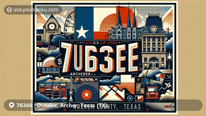 Modern illustration of Dundee, Archer County, Texas, featuring local character and postal theme with ZIP code 76366, including artistic map outline of Archer County, iconic landmarks, vintage postcard design, Texas state flag.
