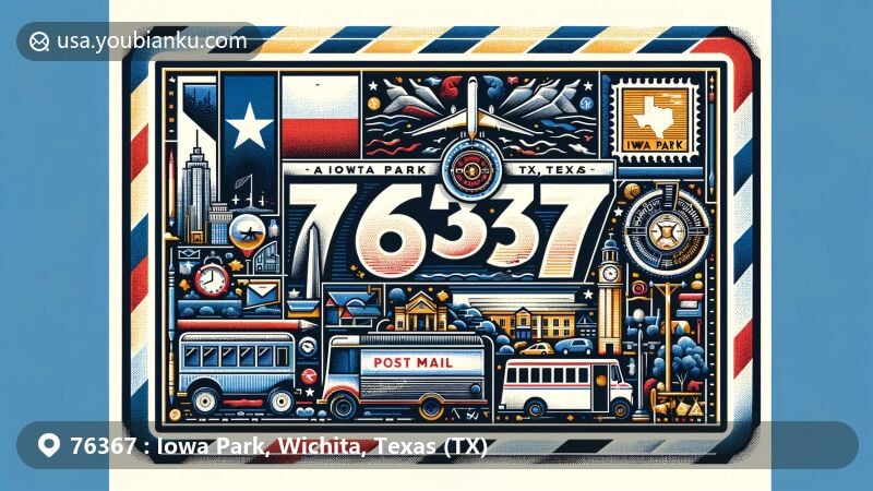 Modern illustration of Iowa Park, Wichita County, Texas, with ZIP code 76367, resembling an air mail envelope. Features include Texas state flag, Wichita County outline, Iowa Park landmark, vintage stamp, postmark '76367', and postal elements.