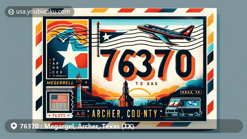 Modern illustration of Megargel, Archer County, Texas, representing ZIP code 76370, featuring Texas state flag, Archer County outline, and iconic local landmark. Includes postal elements like vintage stamp and postmark, showcasing regional and postal themes with creativity.