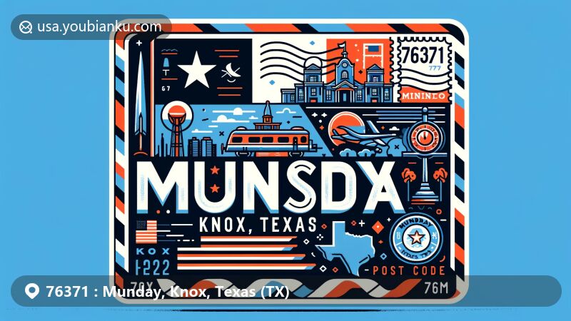 Modern illustration of Munday, Knox County, Texas, with postal theme and Texas state flag, showcasing ZIP code 76371 and local landmarks in a engaging style.