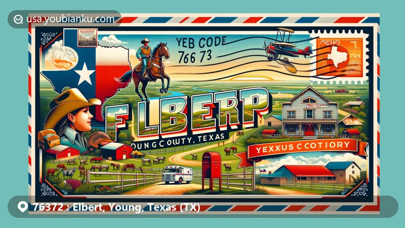 Modern illustration of Elbert, Young County, Texas, resembling a vintage airmail envelope, featuring vibrant depiction of Elbert town and Texas countryside, with state flag, map outline, cowboy stamp, and postal elements.