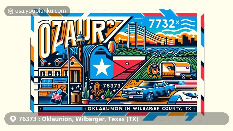 Modern illustration of Oklaunion, Wilbarger County, Texas, showcasing postal theme with ZIP code 76373, featuring Texas state flag, Wilbarger County outline, and iconic symbols of Oklaunion.