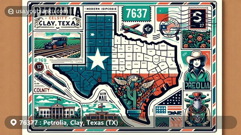 Modern illustration of Petrolia, Clay County, Texas, showcasing postal theme with ZIP code 76377, featuring detailed map outline and Texas state symbols.
