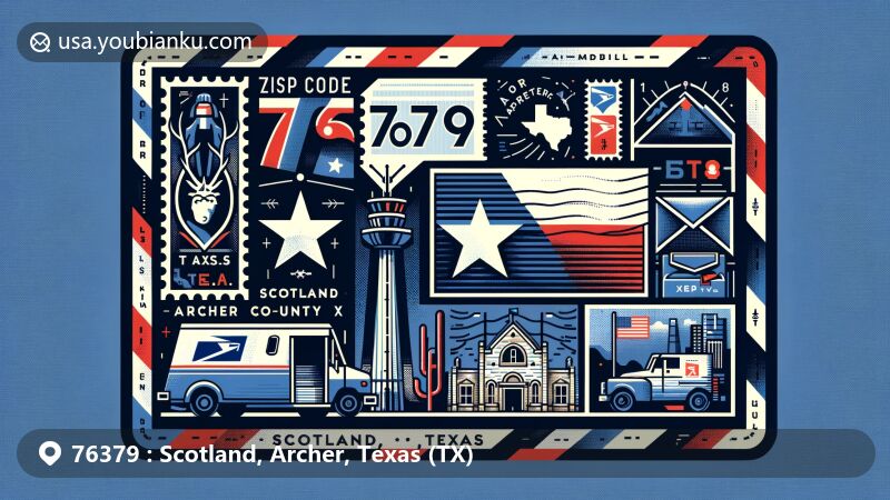 Modern illustration of Scotland, Archer County, Texas, with a postal theme for ZIP code 76379, featuring the Texas state flag, Archer County map, postal elements, and cultural symbols.