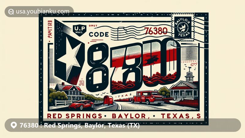 Modern illustration of Red Springs, Baylor County, Texas, inspired by ZIP code 76380, featuring Texas state flag, Baylor County outline, and local landmark. Postal theme includes postage stamp, postmark '76380', and American mailbox or mail truck.