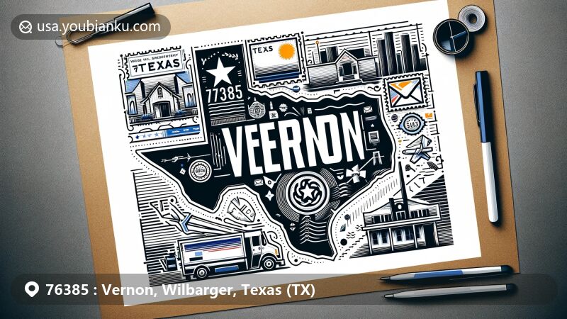 Modern illustration of Vernon, Wilbarger, Texas, inspired by ZIP code 76385, with creative postcard design highlighting Texas state features and Vernon landmarks.