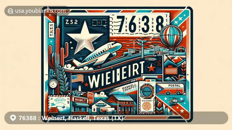Modern illustration of Weinert, Haskell County, Texas, showcasing postal theme with ZIP code 76388, featuring Texas state flag, county outline, and cultural landmarks, including postage stamp and postmark.