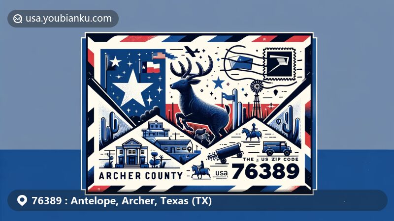 Contemporary illustration of Antelope area and Archer County, Texas (TX), in ZIP code 76389, featuring Texas state flag, Archer County outline, and local cultural symbols in a postal-themed design.