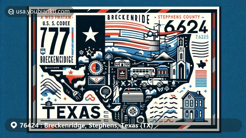 Modern illustration of Breckenridge, Stephens County, Texas, featuring Texas state flag, Stephens County outline, local landmarks, and postal elements with ZIP code 76424.