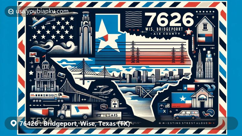 Modern illustration of Bridgeport, Wise County, Texas, with ZIP code 76426, highlighting iconic landmarks in postcard design, featuring state symbols and postal elements.