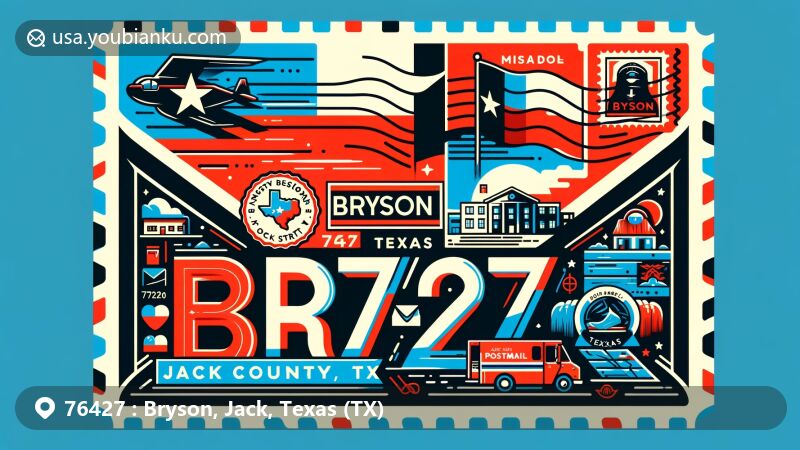 Modern illustration of Bryson, Jack County, Texas, showcasing postal theme with ZIP code 76427, featuring Texas state flag, Jack County's outline, and cultural symbols of Bryson on a stylized airmail envelope.