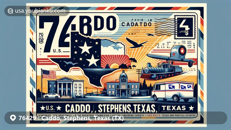 Modern illustration of Caddo, Stephens County, Texas, representing ZIP code 76429 with regional and postal elements like a map of Stephens County, the Texas flag, and a prominent Caddo landmark.