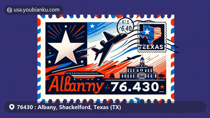 Modern illustration of Albany area in Shackelford County, Texas, designed as an air mail envelope with creative integration of Texas state flag, Shackelford County silhouette, and Albany cultural symbol, featuring ZIP code 76430.