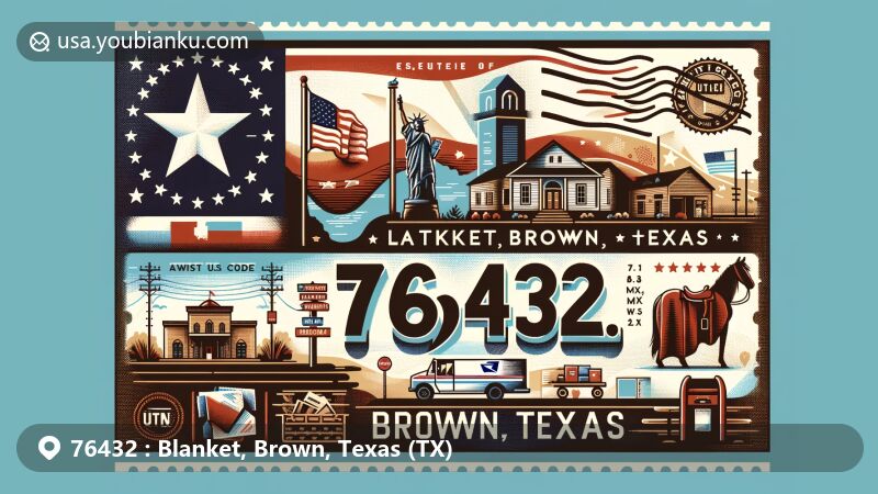 Modern illustration of Blanket, Brown County, Texas, designed as a wide postcard with Texas state flag, Brown County silhouette, and iconic landmarks, featuring vintage postal elements and ZIP code 76432.