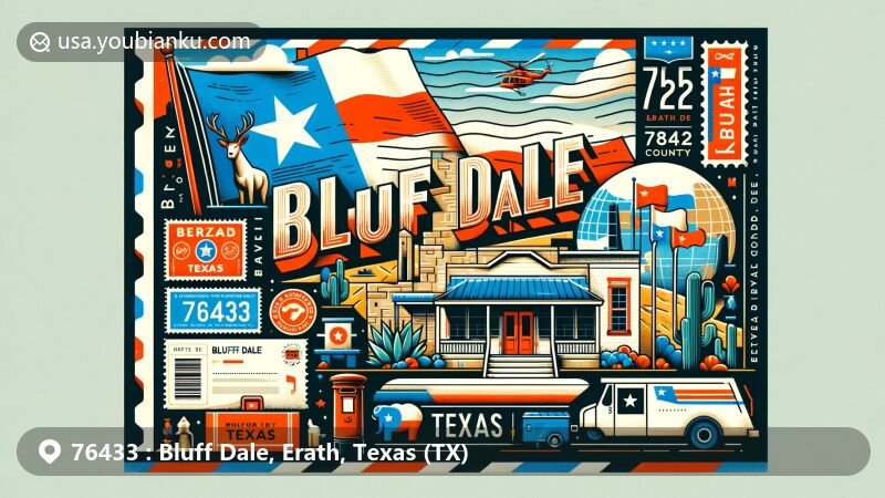 Modern illustration of Bluff Dale, Erath County, Texas, embodying postal theme with ZIP code 76433, featuring Texas state flag and local cultural symbols.