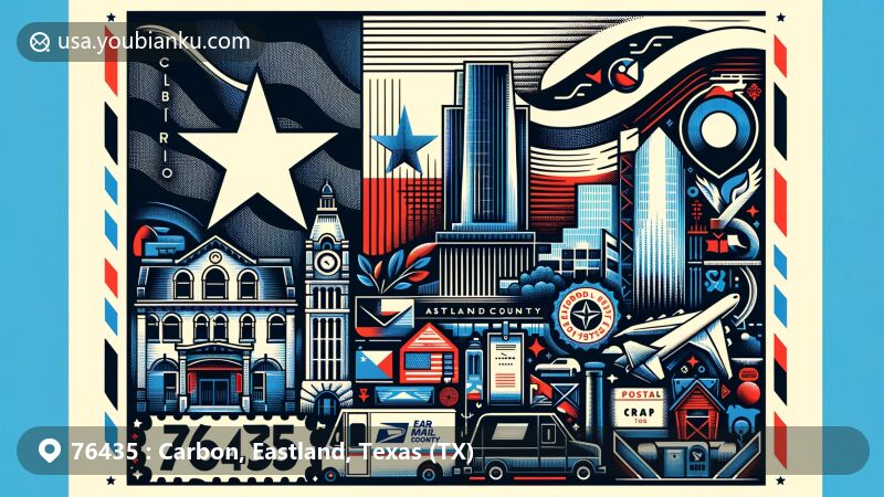 Modern illustration of Carbon, Eastland County, Texas, highlighting postal theme with ZIP code 76435, featuring Texas state flag and Eastland County outline.