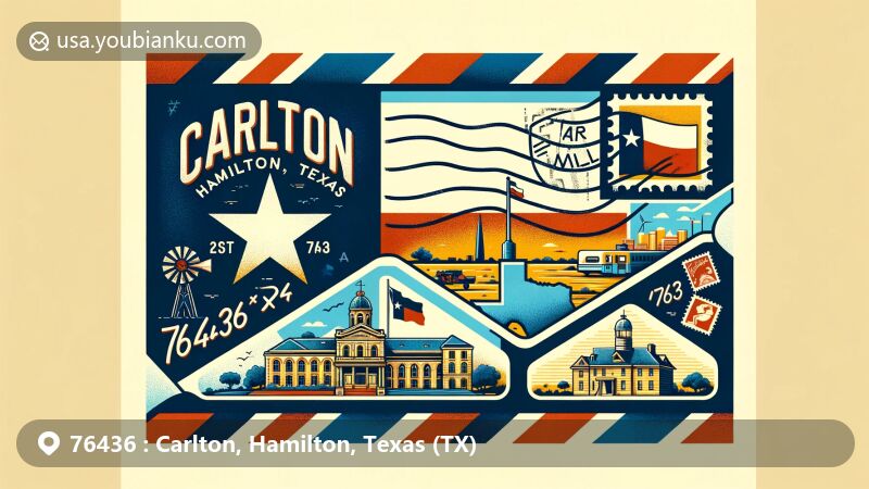 Modern illustration of Carlton, Hamilton County, Texas, focusing on postal theme with ZIP code 76436, showcasing Texas state flag, Hamilton County outline, and local landmarks.