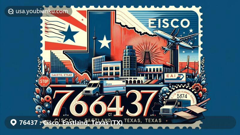 Modern illustration of Cisco, Eastland, Texas, highlighting ZIP code 76437 with Texas state symbols and Eastland County map, incorporating postal theme with stamp, postmark, mailbox, and mail truck.