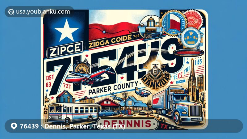Modern illustration of Dennis, Parker County, Texas, showcasing postal theme with ZIP code 76439, featuring iconic Texas elements like the state flag and incorporating postal elements like stamps and mailboxes.