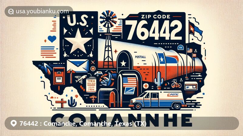 Modern illustration of Comanche, Comanche County, Texas, inspired by ZIP code 76442, blending postal theme with regional symbols like Texas state flag and Comanche County outline.