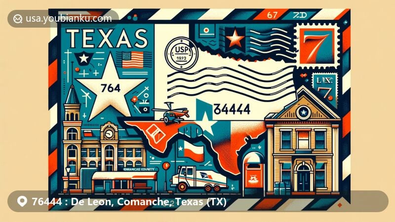 Modern illustration of De Leon, Comanche County, Texas, showcasing postal theme with ZIP code 76444, featuring Texas state flag and local landmark, incorporating postal elements like stamps, postmark, mailbox, and mail truck.