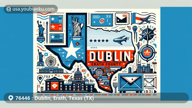 Modern illustration of Dublin, Erath County, Texas, styled as a postcard or air mail envelope, featuring Texas state flag, Erath County outline, iconic landmarks, and postal elements.