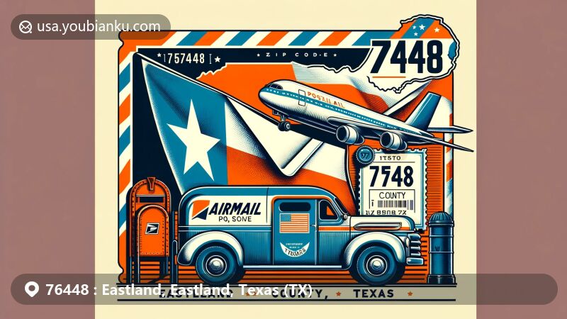 Creative illustration of Eastland County, Texas, showcasing airmail envelope with bold ZIP code 76448, detailed county map outline, waving Texas state flag, American mailbox, and vintage postal truck.
