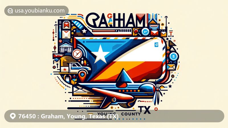 Colorful illustration of Graham, Young County, Texas, featuring a stylized airmail envelope with Texas state flag details and Young County outline, showcasing local symbols and the city's character.