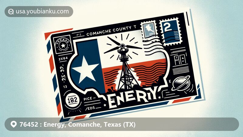 Modern illustration of Energy, Comanche County, Texas, featuring postal theme with ZIP code for Energy, incorporating Texas flag, Comanche County map, local landmarks, stamps, postmark.