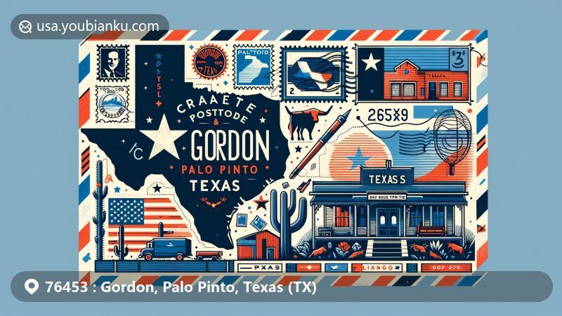 Modern illustration of Gordon, Palo Pinto, Texas, combining postal themes with key Texan symbols like the state flag and cowboy imagery, featuring local landmarks and ZIP code details.