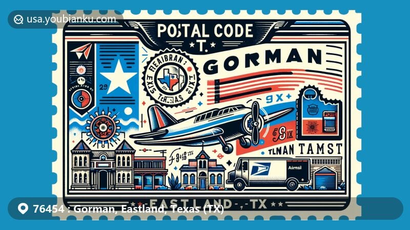 Modern illustration of Gorman, Eastland, Texas, inspired by airmail envelope design, featuring Texas state flag, Eastland County outline, landmarks, and cultural symbols of Gorman, with vintage postal elements like stamp, postmark with ZIP code, mailbox, and postal truck.