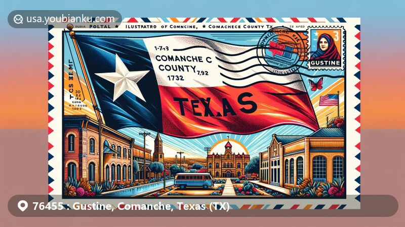 Vibrant illustration of Gustine, Comanche County, Texas, incorporating Texas state flag, Comanche County outline, local landmarks, and postal elements with ZIP code. Captures essence of Gustine's culture and history.